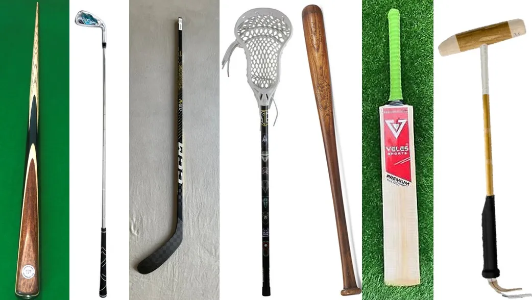 Vários tacos de esportes diferentes alinhados, incluindo snooker cue, golf club, hockey stick, lacrosse stick, cricket bat, baseball bat e polo mallet.