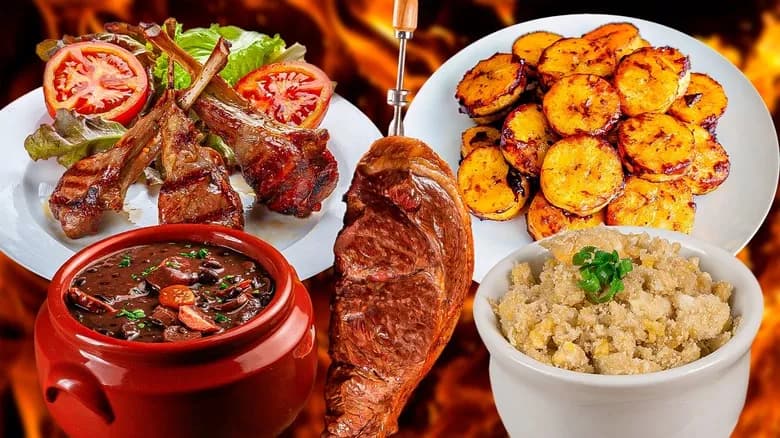 Mesa em uma churrascaria com cortes de carne sendo servidos, representando o ensino de inglês voltado ao vocabulário de restaurantes e alimentação.