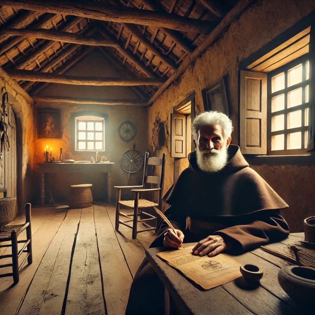 Padre Antônio Anchieta em 1595, Brasil, dentro de uma casa simples de adobe. Ele tem cabelos grisalhos, rugas, e segura sua gramática Tupi-Guarani, com expressão séria.