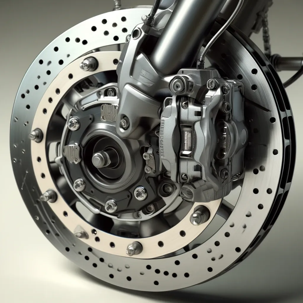 Freios nas rodas de uma motocicleta usados para parar a moto, ilustrando a palavra brakes em inglês