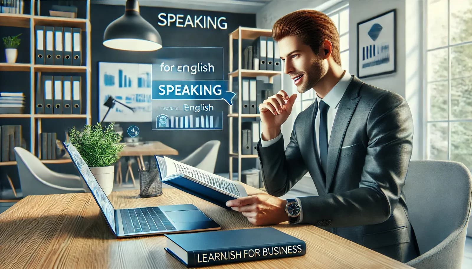 Executivo sentado em uma mesa em um escritório organizado, praticando fala em inglês em voz alta enquanto prepara uma apresentação de negócios.