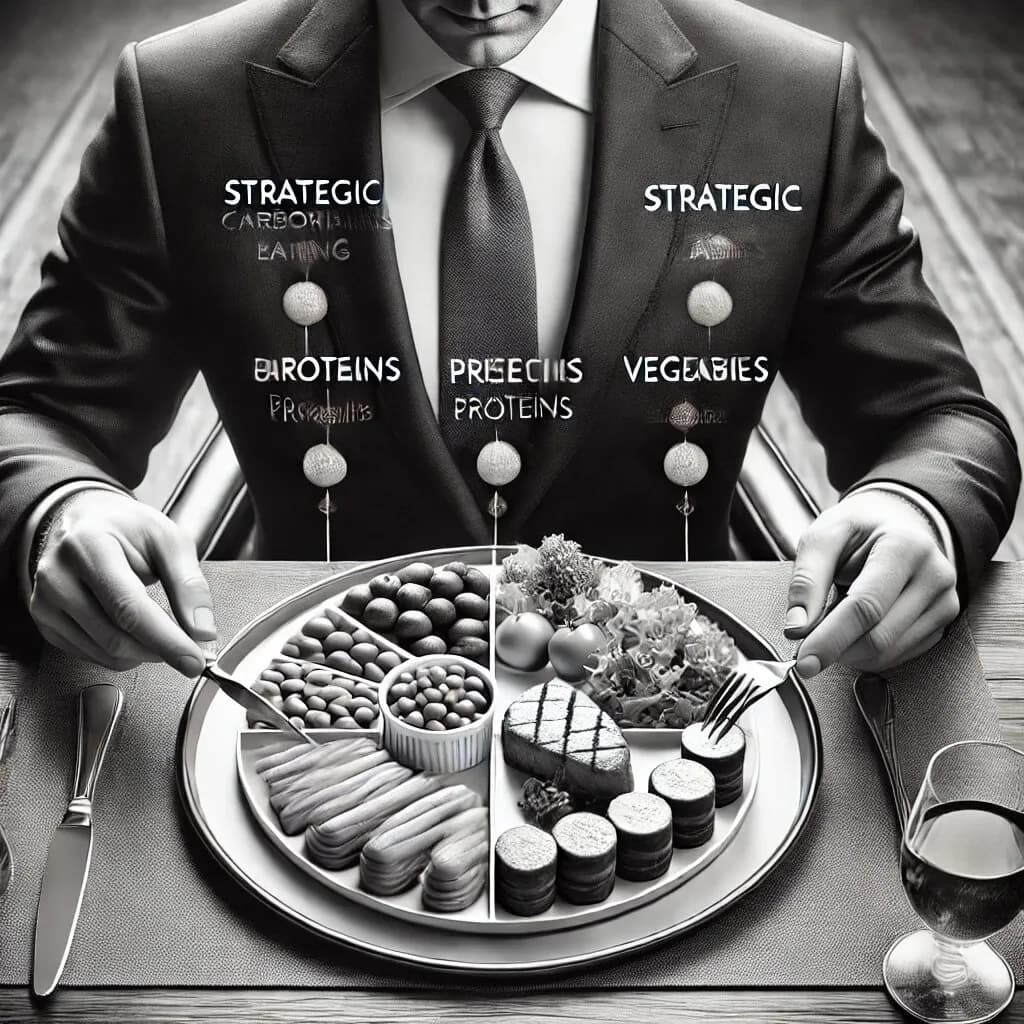 Prato com proteínas, carboidratos e vegetais balanceados, representando a estratégia alimentar para emagrecer com controle de macronutrientes