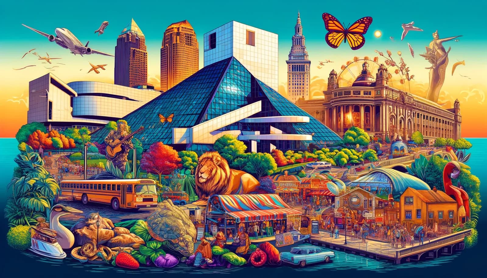 Cartão-postal ilustrado com atrações turísticas de Cleveland, Ohio