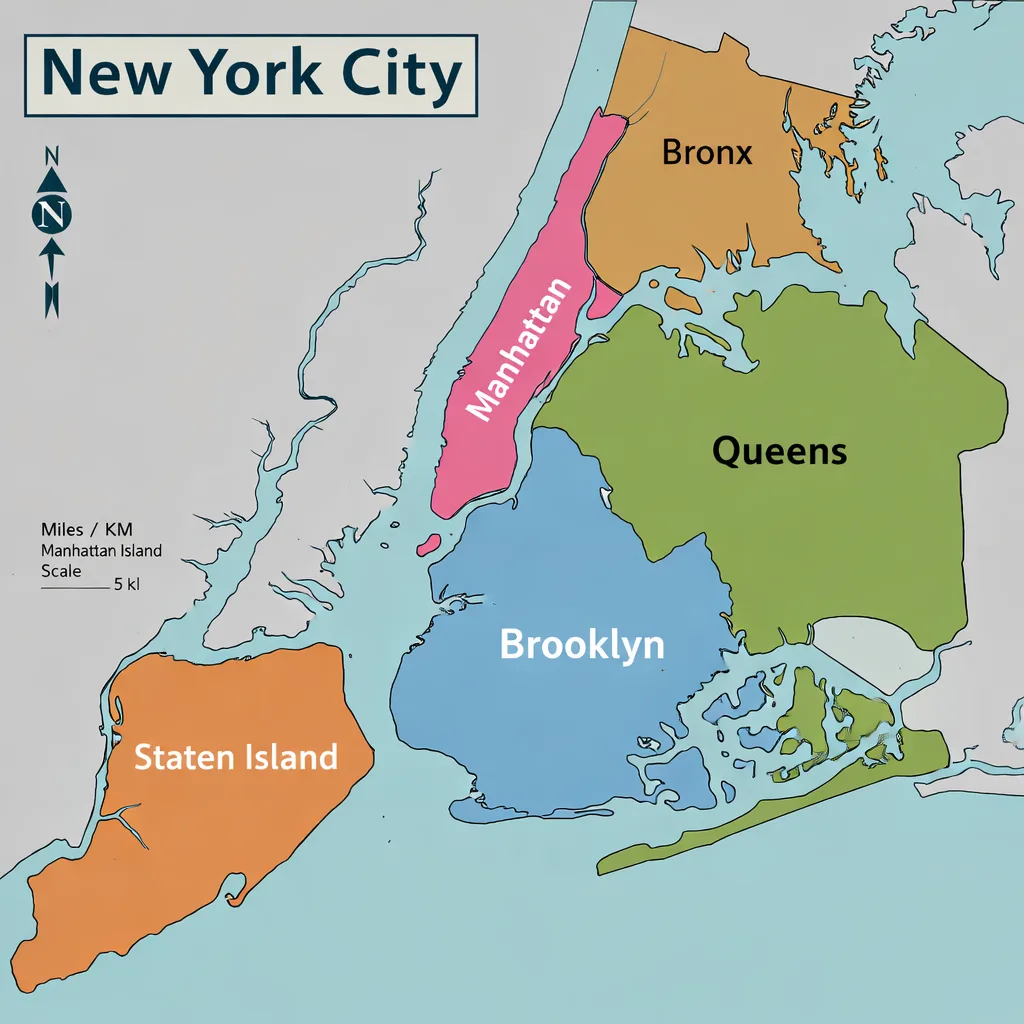 Mapa dos cinco distritos de Nova York: Manhattan, Brooklyn, Queens, Bronx e Staten Island