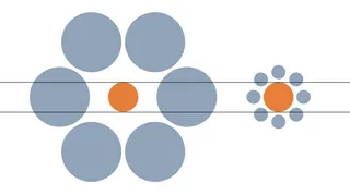 Linhas paralelas tracadas entre os circulos laranja revelando que tem o mesmo tamanho na ilusao de otica