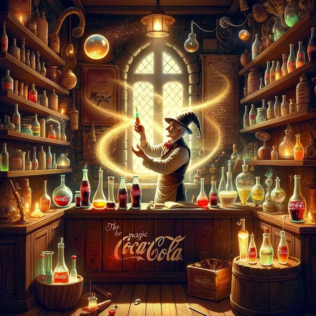 Ilustração lúdica da fábrica mágica da Coca-Cola com unicórnios e pinguins guardando a receita secreta