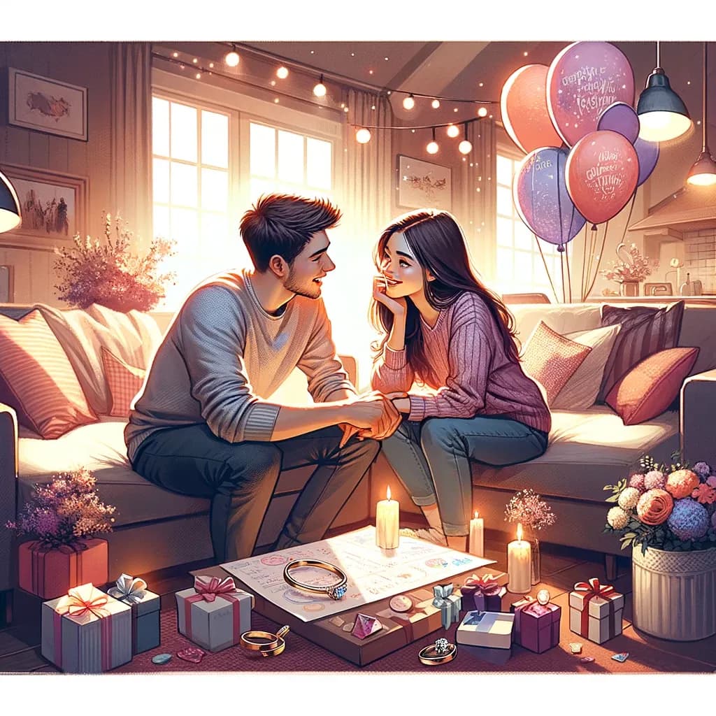 Ilustração de um casal celebrando momentos da vida, como noivado e casamento, na aula de vocabulário em inglês