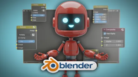 Edição de uma cena renderizada no Blender Compositor, mostrando ajustes de iluminação, cores e efeitos visuais para pós-produção profissional