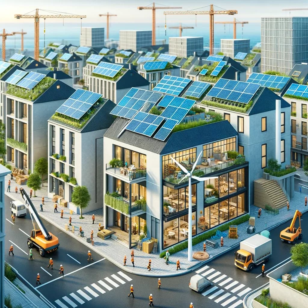 Ilustração de canteiro de obras sustentável com painéis solares e turbinas eólicas, representando energia renovável na construção civil.