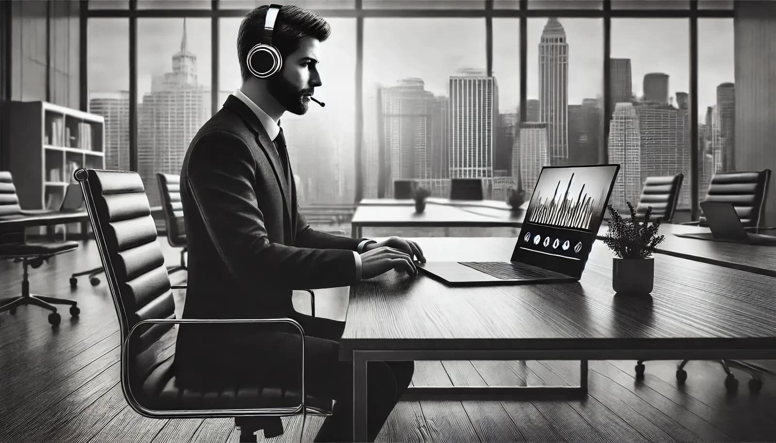 Aqui está a imagem hiper-realista em preto e branco, mostrando apenas um executivo em um ambiente moderno de escritório, focado em uma reunião online ou aula de inglês, sem nenhum texto.