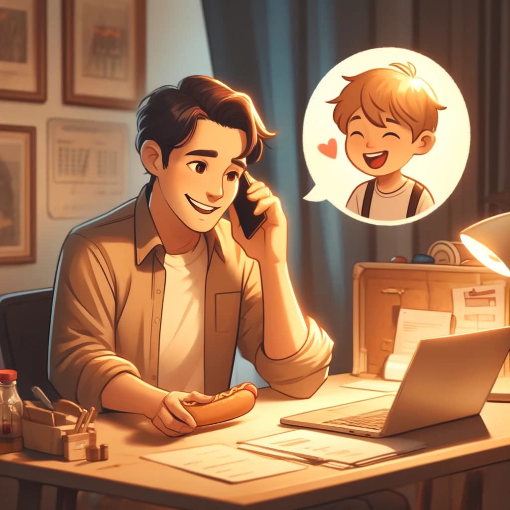 Ilustração de um pai trabalhando até tarde no escritório enquanto o filho o chama para descansar em casa