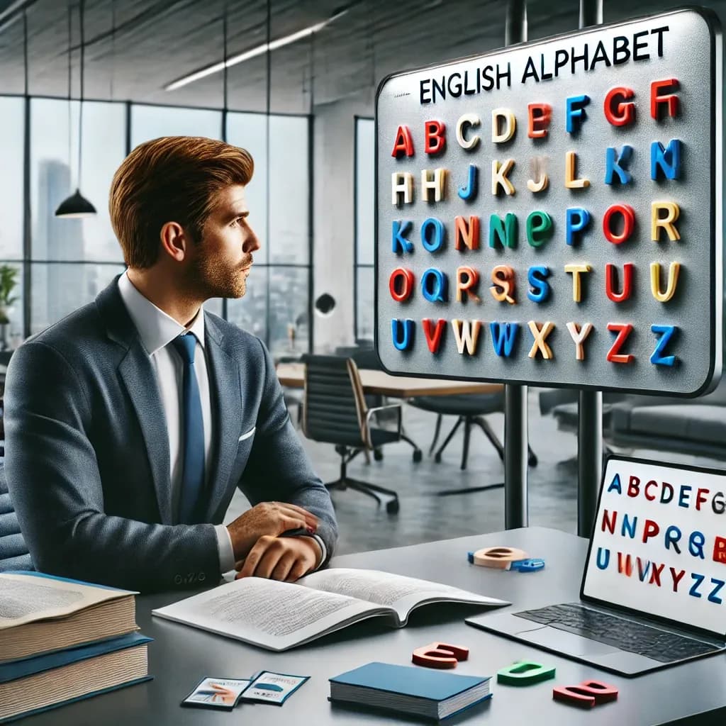 Executivo estudando o alfabeto em inglês, letras de A a Z para iniciantes