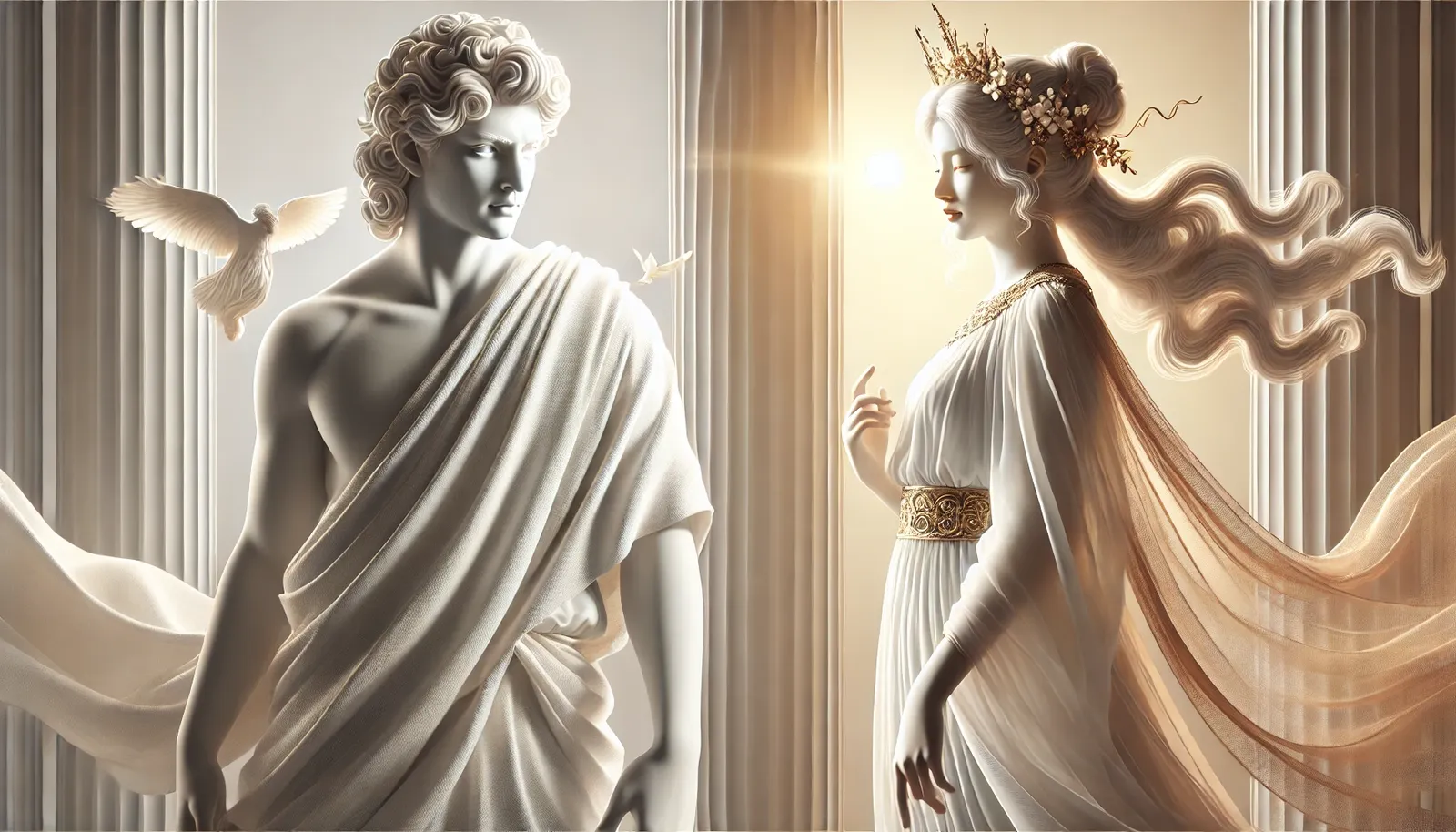 Uma ilustração minimalista e hiper-realista de um belo Deus e uma graciosa Deusa, ambos irradiando força e serenidade, com trajes elegantes e luminosidade suave.