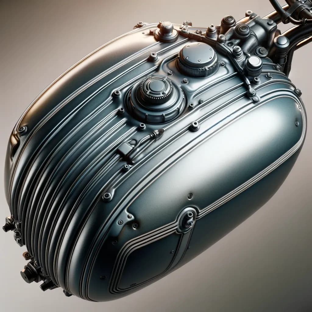 Tanque de combustível de uma motocicleta entre o banco e o guidão, ilustrando a palavra fuel tank em inglês