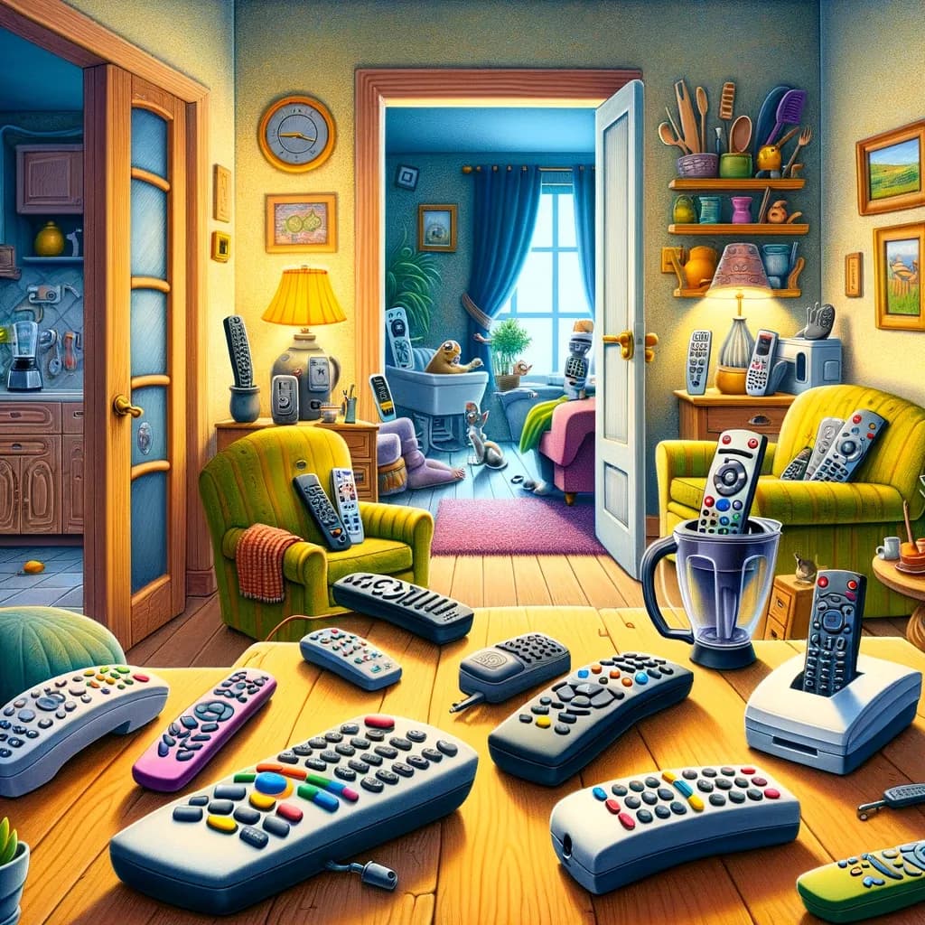Controle remoto perdido pela casa, ilustrando a leitura divertida em inglês