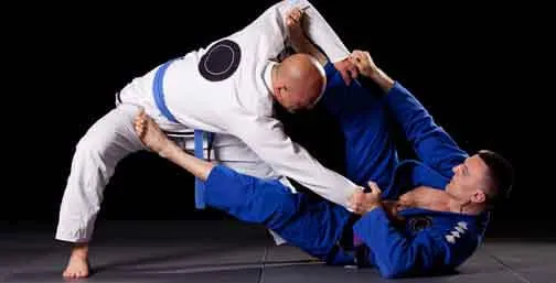 Lutadores praticando uma técnica de Jiu-Jitsu no chão, ilustrando como o ensino de inglês pode incluir vocabulário esportivo e técnico.