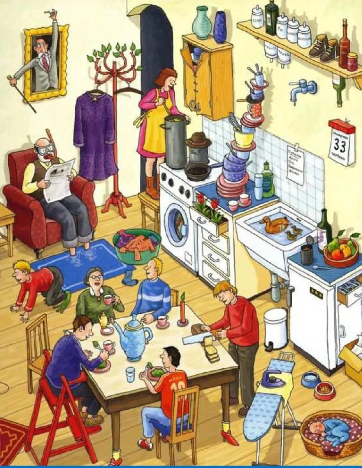 Ilustração de uma cozinha maluca com mais de vinte situações absurdas para encontrar na atividade de inglês