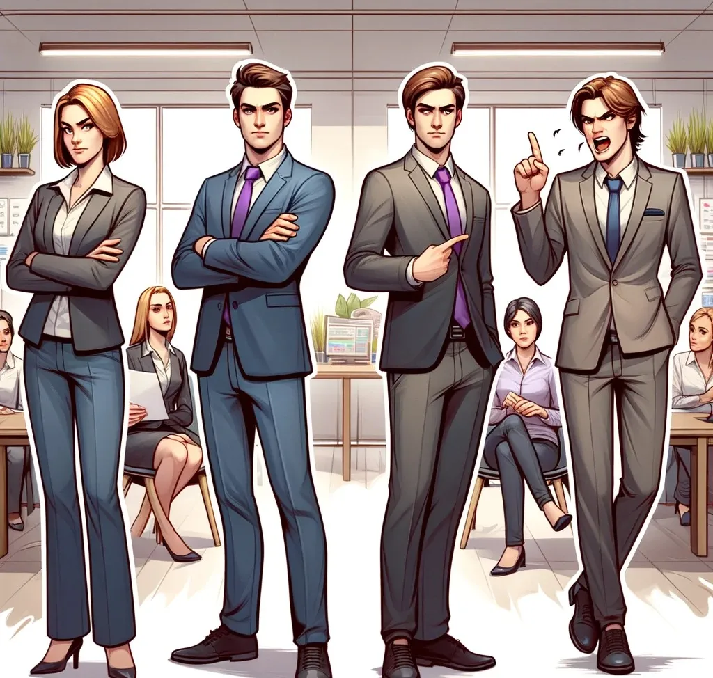 Ilustração dos estilos de comunicação em inglês: assertivo, passivo, agressivo e passivo-agressivo, com dicas para melhorar a comunicação no trabalho.