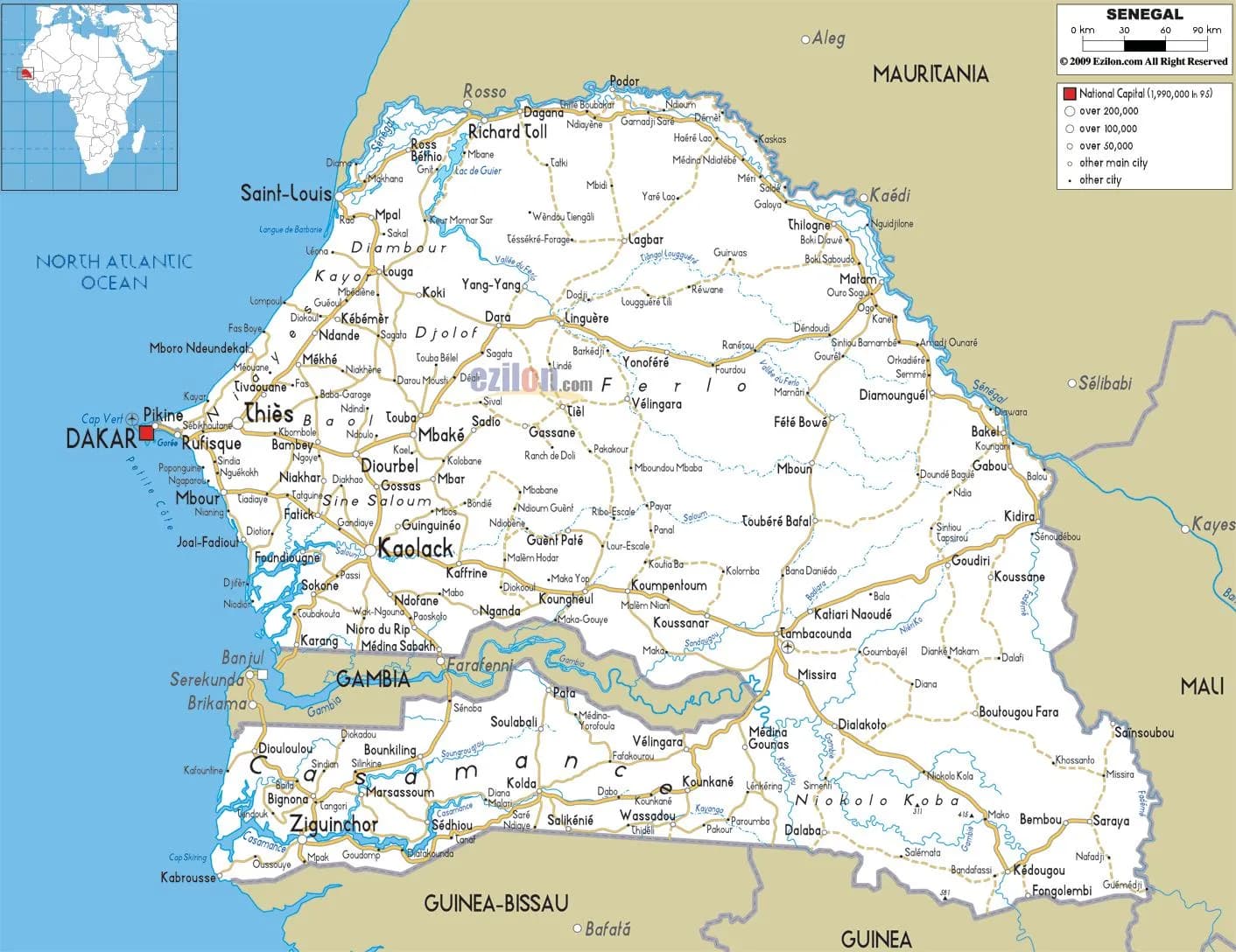 Mapa do Senegal no noroeste da África