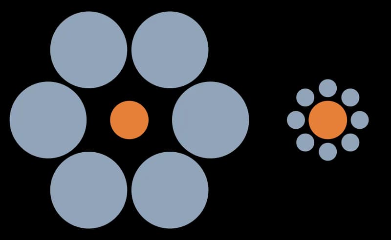 Ilusao de otica com dois circulos laranja que parecem ter tamanhos diferentes, para leitura em ingles avancado