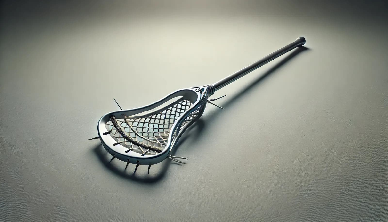 Imagem minimalista e hiper-realista de taco de lacrosse na grama, destacando detalhes da rede e cabo. Ideal para conteúdo de inglês executivo e comunicação na Lingualize.