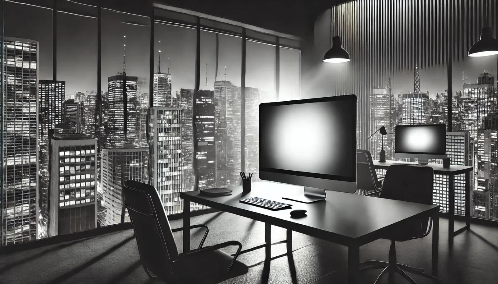 Imagem em preto e branco de um escritório de tecnologia em São Paulo, destacando o brilho da tela do computador em contraste com o ambiente.