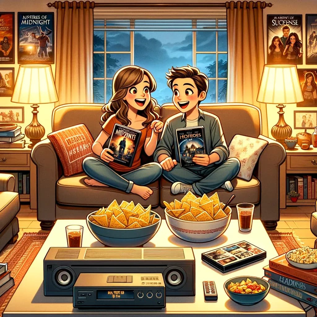 Ambiente aconchegante de noite de cinema em casa com sofá, pipoca e tela, ilustrando o diálogo em inglês sobre planos de filme.