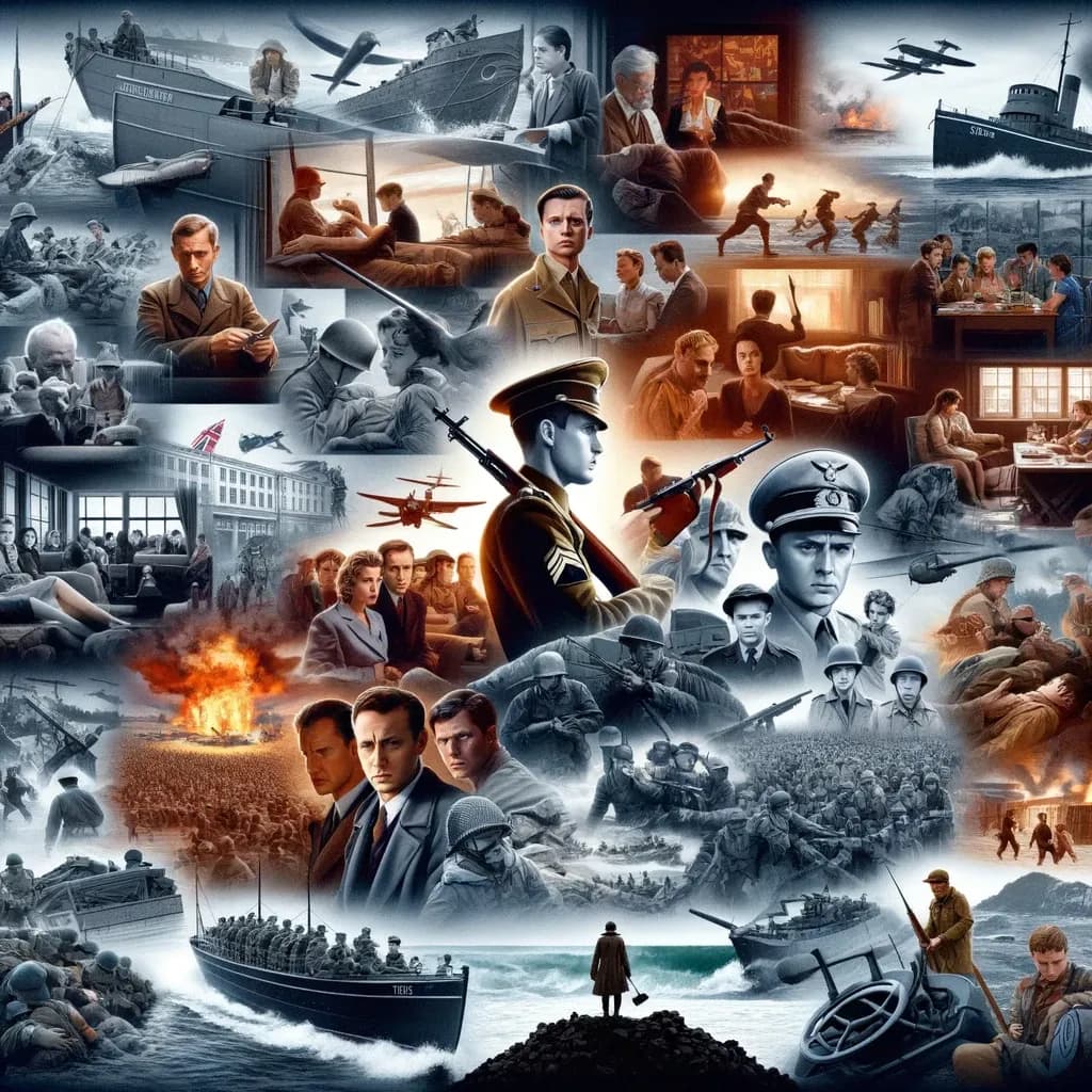 Cena cinematográfica que evoca filmes da Segunda Guerra Mundial, ilustrando a leitura em inglês sobre cinema e história