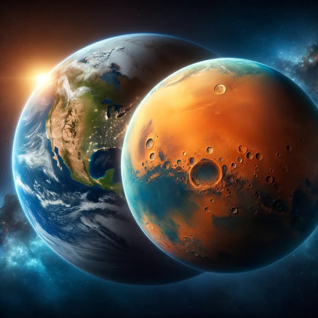 Ilustracao do planeta Marte com sua superficie vermelha, usada em leitura de ingles B1 sobre o espaco