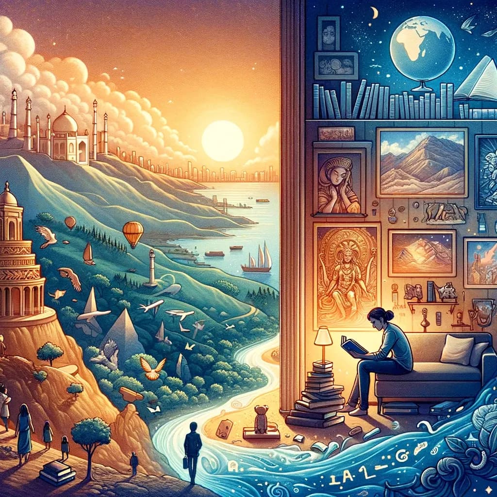 Livro aberto e paisagem ao fundo, simbolizando o debate entre o valor de ler e de viajar abordado no texto em inglês.