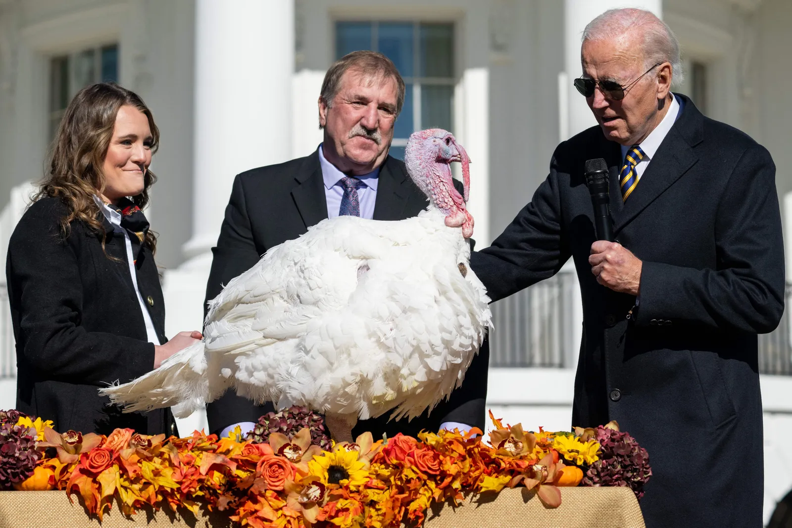 Foto do Presidente dos Estados Unidos, Joe Biden, durante a tradicional cerimônia de perdão do peru no Dia de Ação de Graças, um evento anual na Casa Branca que simboliza gratidão e compaixão. Excelente para SEO em tópicos sobre política, cultura americana e tradições presidenciais