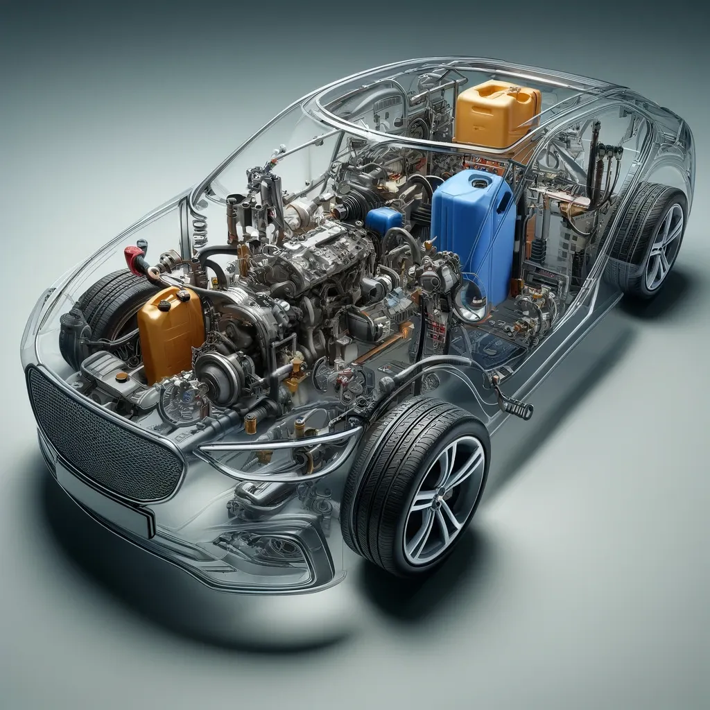Sistema de combustível (fuel system), que armazena e fornece combustível ao motor.