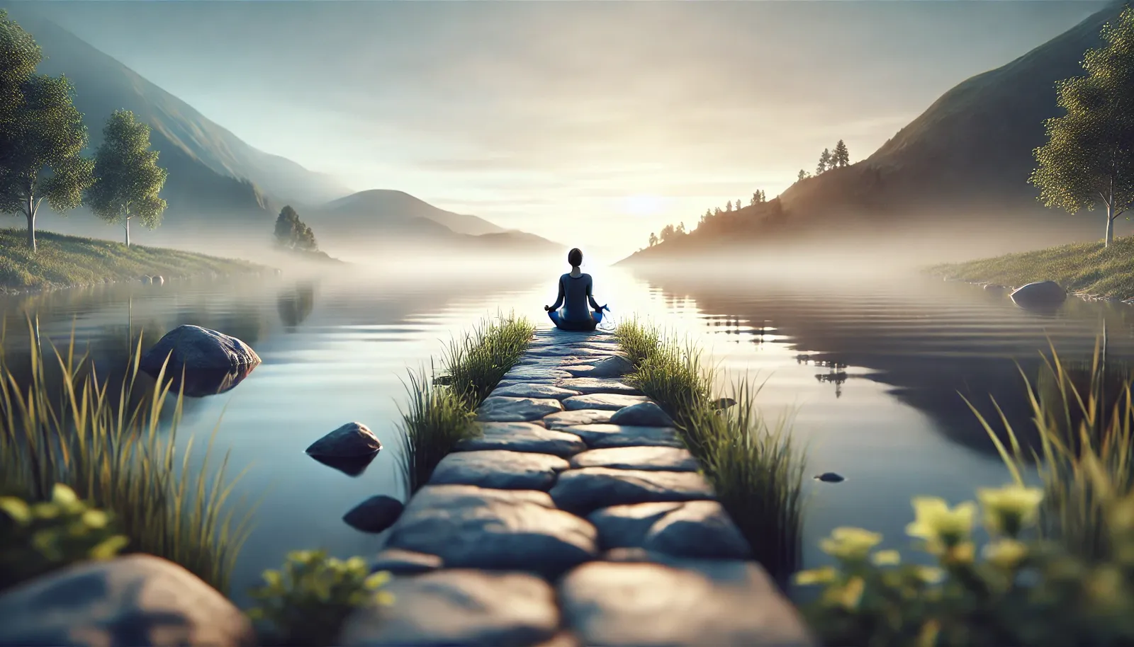 Imagem hiper-realista e minimalista de uma pessoa meditando ao ar livre, junto a um lago tranquilo – perfeita para ilustrar práticas de mindfulness em inglês para executivos, reduzindo estresse e melhorando o foco.