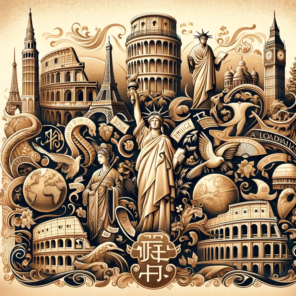 Ilustração com palavras de várias línguas entrelaçadas, representando as raízes e rotas da evolução dos idiomas pelo mundo