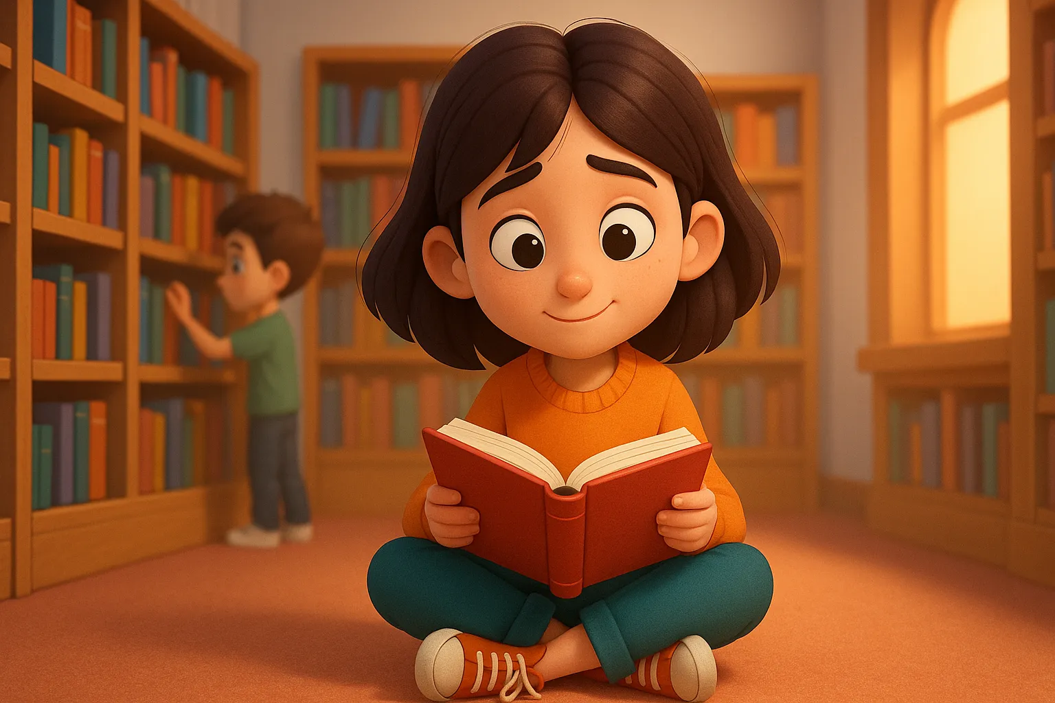 Colega tímida (shy) que gosta de ler, ilustrando o adjetivo em inglês