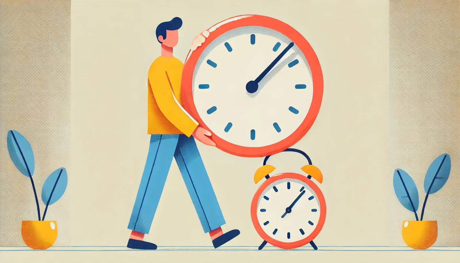 Personagem executivo segurando um grande relógio, representando a conexão entre o passado e o presente no tempo verbal 'present perfeito' em inglês