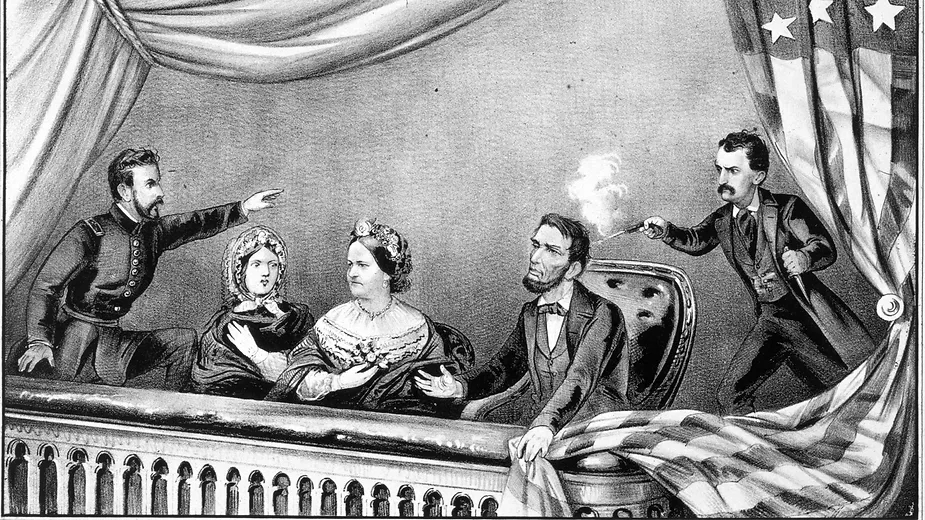 Imagem do assassinato de Lincoln: Ilustração do trágico momento em que Abraham Lincoln foi assassinado em um teatro.