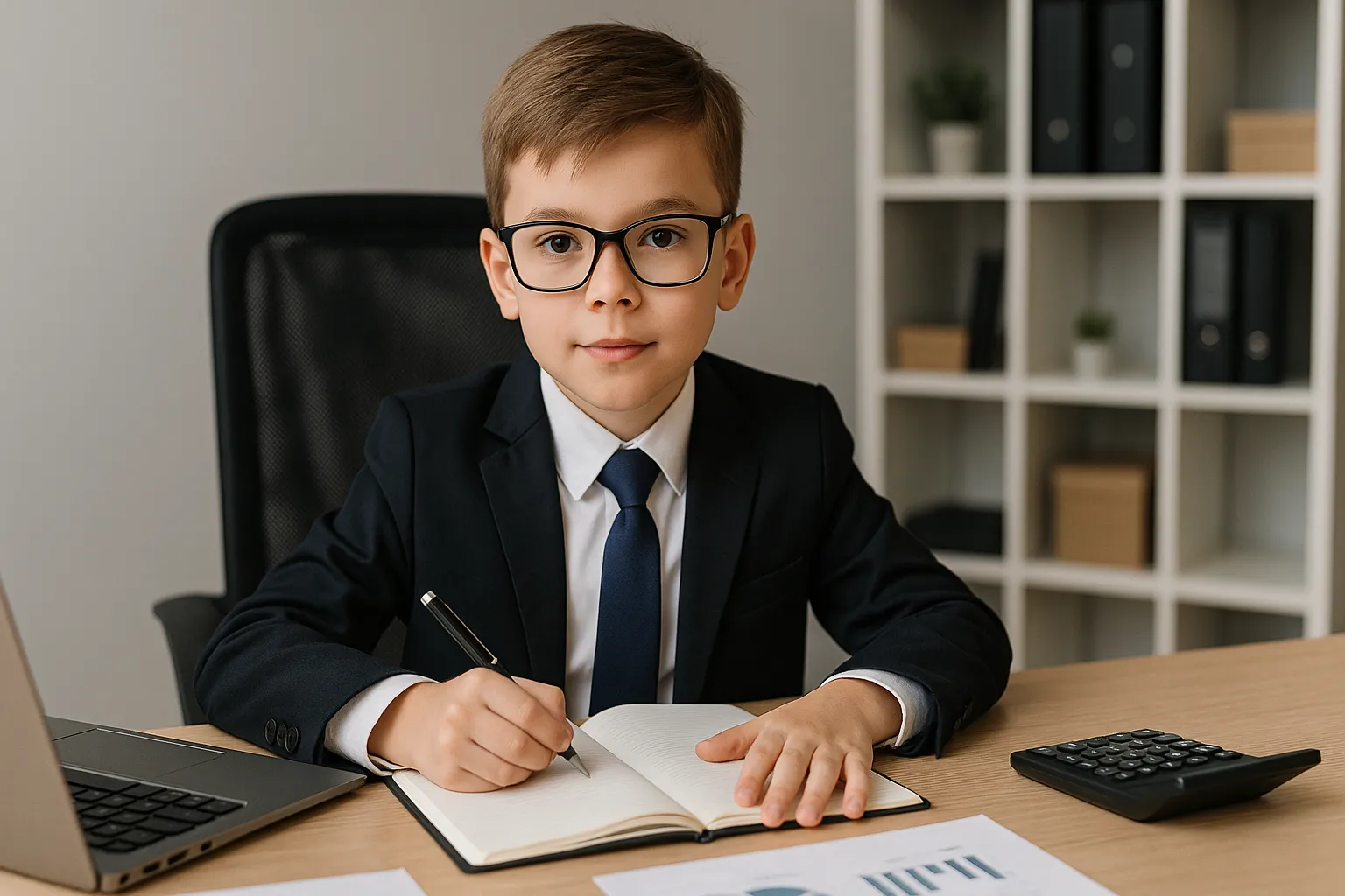 Menino vestido de executivo, ilustrando o futuro com will: my son will be a businessman
