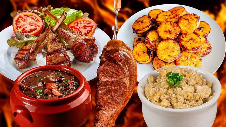 Mesa em uma churrascaria com cortes de carne sendo servidos, representando o ensino de inglês voltado ao vocabulário de restaurantes e alimentação.