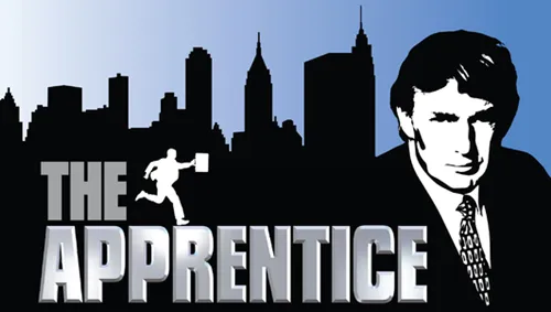 Candidatos competindo em desafios corporativos no estilo The Apprentice, praticando vocabulário de liderança em inglês.