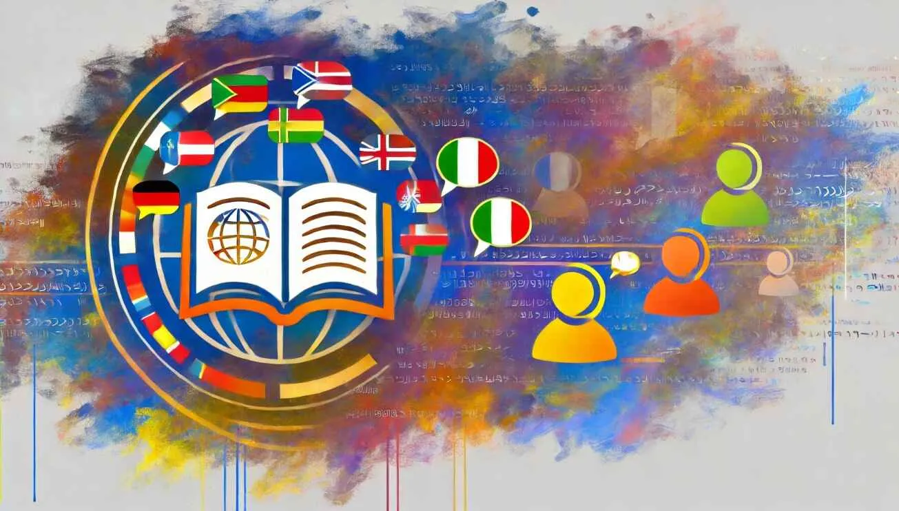 Ilustração de 'A Língua Mais Fácil de Aprender', com livros e bandeiras, para site de inglês.