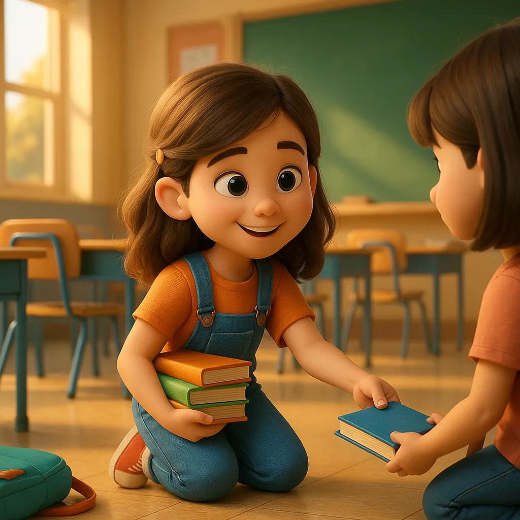 Colega gentil (kind) que ajuda a todos, ilustrando o adjetivo em inglês