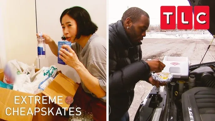 Pessoas economizando ao extremo no estilo Extreme Cheapskates, ilustrando expressões do cotidiano em inglês.