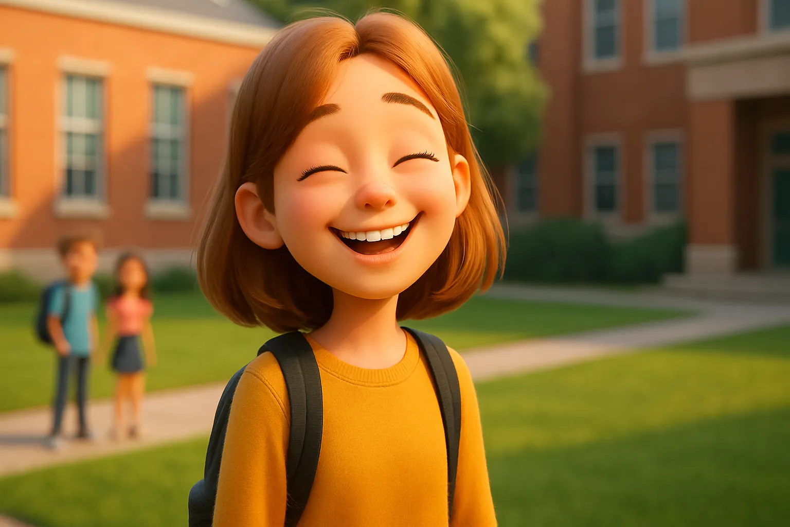 Colega feliz (happy) que sorri bastante, ilustrando o adjetivo em inglês