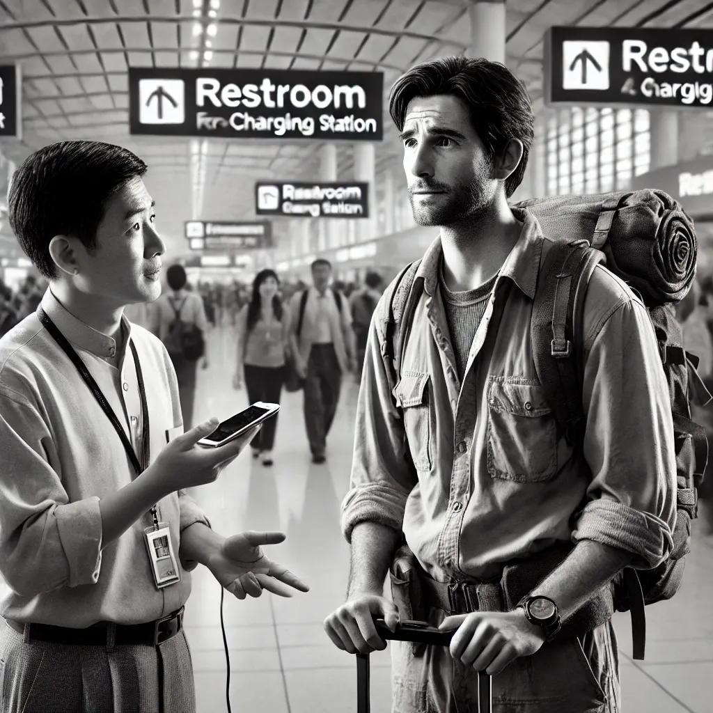 Aeroporto com painéis de embarque, cenário para diálogos em inglês ao pedir ajuda e direções