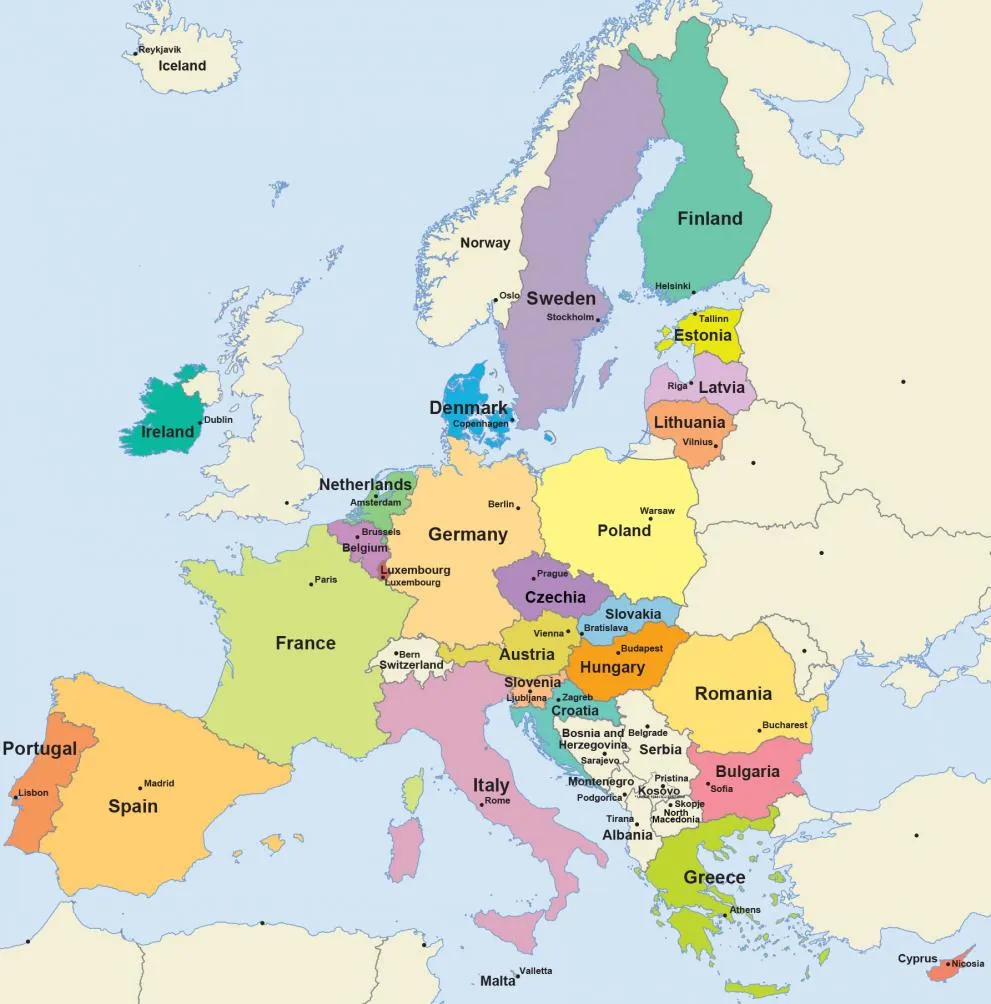 Mapa da Europa destacando a localizacao de Suica e Grecia para a comparacao em ingles