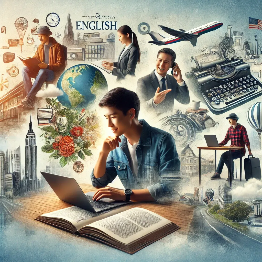 Ilustração simbolizando o domínio avançado do inglês e a busca constante pela excelência na comunicação