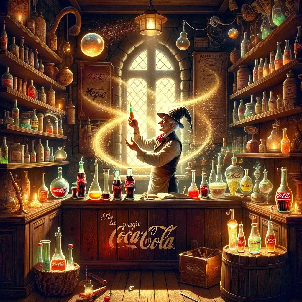 Ilustração lúdica da fábrica mágica da Coca-Cola com unicórnios e pinguins guardando a receita secreta