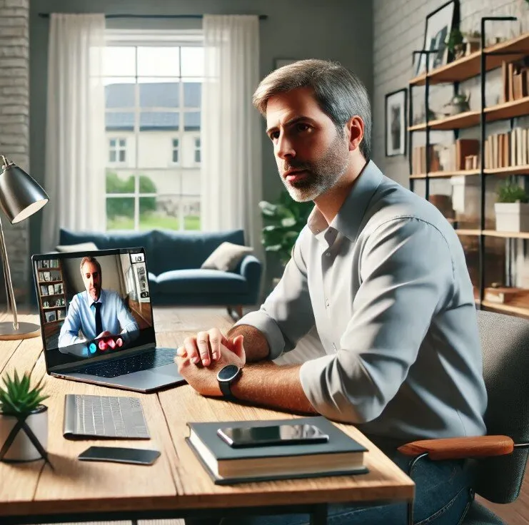 Homem adulto de 40 anos em videoconferência em casa. A cena mostra o homem sentado à mesa com um laptop, conversando. O fundo inclui elementos domésticos como uma estante de livros, uma planta e móveis confortáveis. Ensino de inglês para adultos, curso de inglês online, professor particular