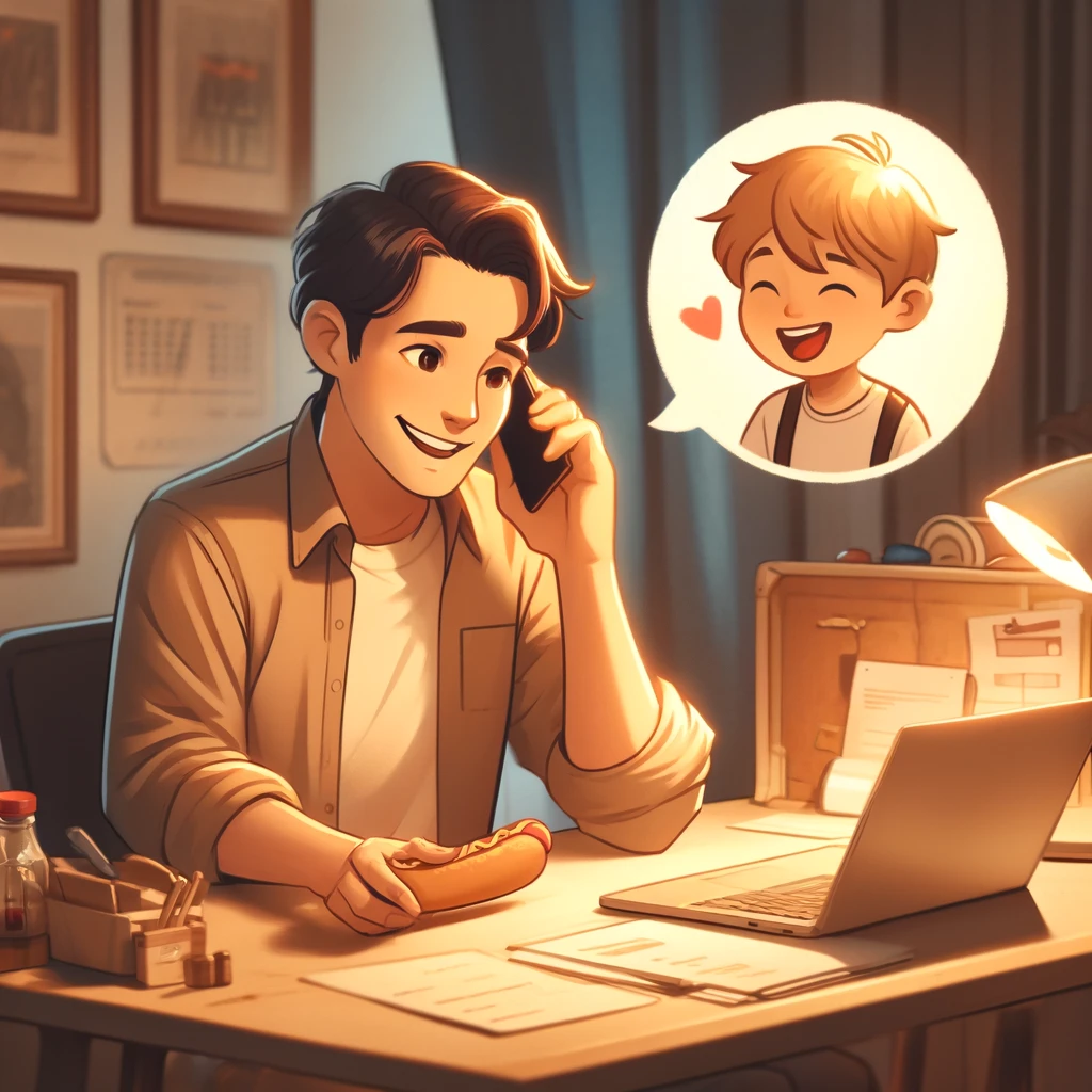 Ilustração de um pai trabalhando até tarde no escritório enquanto o filho o chama para descansar em casa